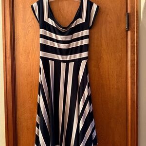 LOFT Navy and White Striped Midi Fit-and-Flare Dress